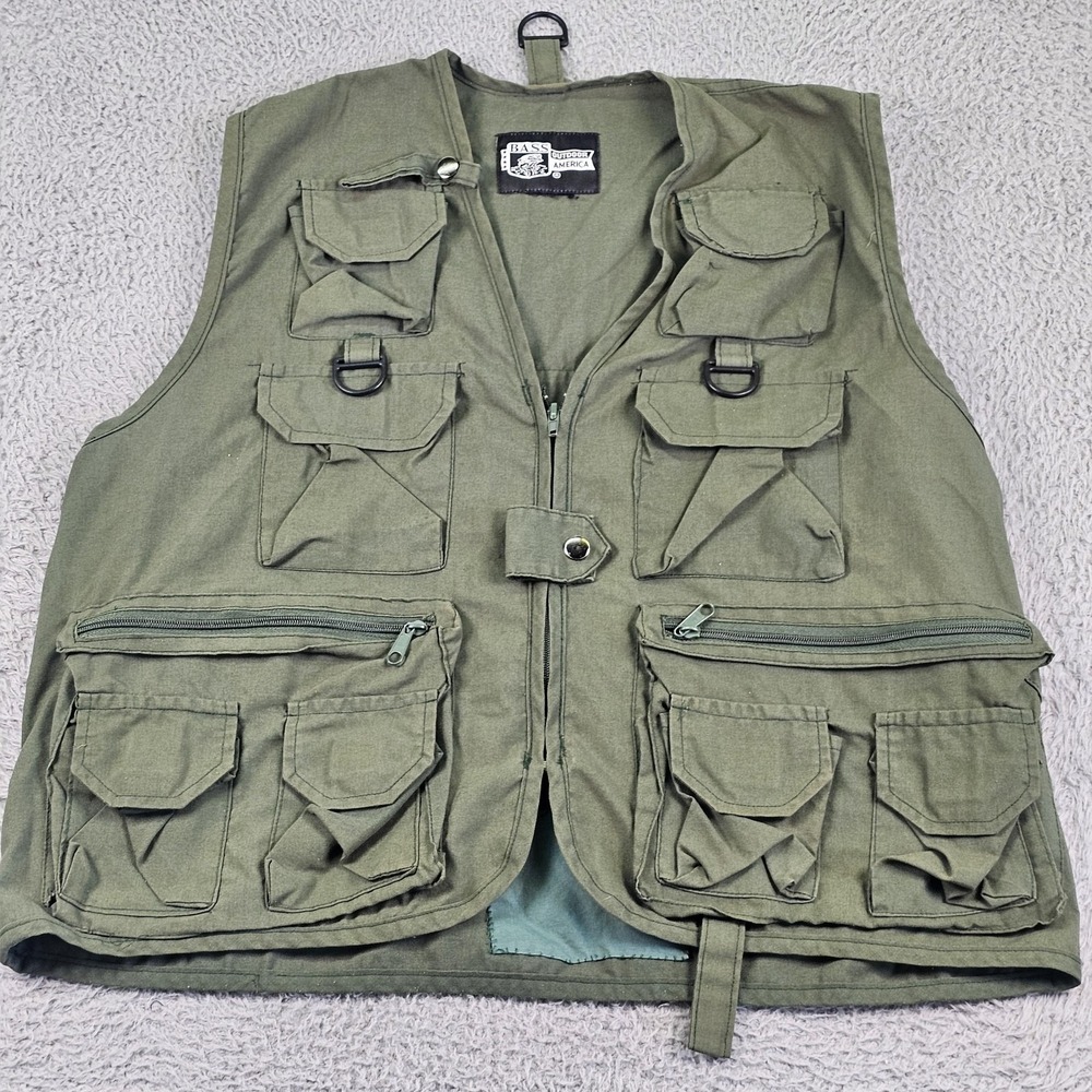 Bass Vest Mens Large Green Canvas Utility Multi Pocket Fishing Hunting Outdoor